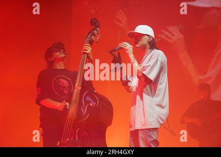 Irving, United States. 12th Aug, 2023. August 12, 2023, Irving, Texas, United States: Mexican rapper, musician, and singer Hassan Emilio Kabande Laija, known professionally as Peso Pluma, performs during his Double P Tour at the Pavilion at Toyota Music Factory on Saturday August 12, 2023 in Irving, Texas, United States. (Photo by Javier Vicencio/Eyepix Group) Credit: Eyepix Group/Alamy Live News Stock Photo