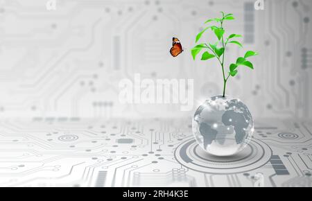 Tree growing on crystal globe. Digital Convergence and and Technology Convergence. Blue light, binary and network background. Green Computing. Stock Photo