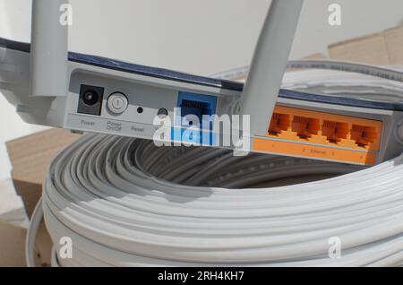 Wi Fi Router Inputs Close-up detail of a modern Wi-Fi router, with multiple inputs and ...