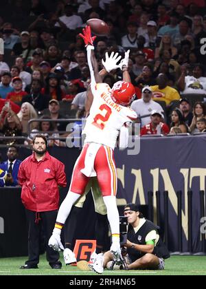 New Orleans, USA. 13th Aug, 2023. Kansas City Chiefs cornerback Joshua Williams (2) breaks up a pass that intended for New Orleans Saints wide receiver Michael Thomas (13) in the end zone during a National Football League preseason game at the Caesars Superdome in New Orleans, Louisiana on Sunday, August 13, 2023. (Photo by Peter G. Forest/Sipa USA) Credit: Sipa USA/Alamy Live News Stock Photo