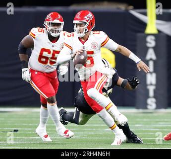 New Orleans, USA. 13th Aug, 2023. Kansas City Chiefs quarterback Patrick Mahomes (15) rush for some yardage during a National Football League preseason game at the Caesars Superdome in New Orleans, Louisiana on Sunday, August 13, 2023. (Photo by Peter G. Forest/Sipa USA) Credit: Sipa USA/Alamy Live News Stock Photo