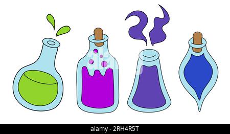 Potion bottles set isolated on white background. Cartoon flat vector illustration of different shape glass jars with colorful liquid substance. Stock Vector