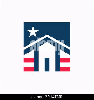 Iconic square house logo with star and stripes, representing American pride and freedom. Stock Vector