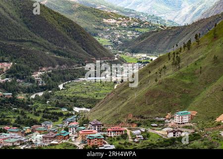 Majestic Thimphu, Bhutan. A serene landscape featuring the capital city's stunning blend of mountains, architecture, and natural beauty. Stock Photo