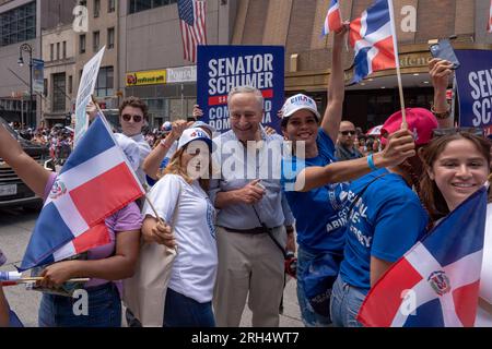 New York, United States. 13th Aug, 2023. NEW YORK, NEW YORK - AUGUST 13: Senate Majority Leader, U.S. Senator Chuck Schumer marches up 6th Avenue at the Dominican Day Parade on 6th Avenue on August 13, 2023 in New York City. The National Dominican Day Parade celebrated 41 years of marching on Sixth Avenue in Manhattan. The parade celebrates Dominican culture, folklore, and traditions. Credit: Ron Adar/Alamy Live News Stock Photo