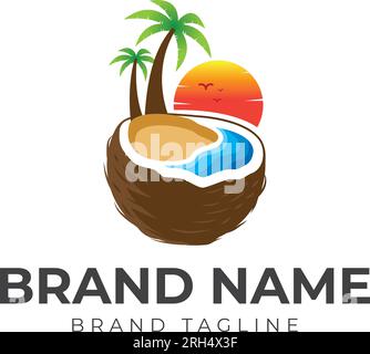coconut beach logo. combination logo made from coconut below the beach logo. logo template. Stock Vector