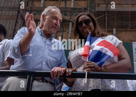 New York, New York, USA. 13th Aug, 2023. (NEW) 41st National Dominican Day Parade 2023. August 13, 2023, New York, New York, USA: Senate Majority Leader, U.S. Senator Chuck Schumer and New York state Attorney General Letitia James attend the Dominican Day Parade on 6th Avenue on August 13, 2023 in New York City. The National Dominican Day Parade celebrated 41 years of marching on Sixth Avenue in Manhattan. The parade celebrates Dominican culture, folklore, and traditions. Credit: ZUMA Press, Inc./Alamy Live News Stock Photo