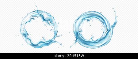 Water circle splash and round swirl realistic 3d vector frame. Liquid aqua wave with drop and bubble in ring flow. Mineral clear blue stream graphic design with motion. Fresh sparkling whirl texture Stock Vector