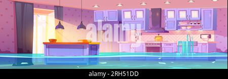 Wet home kitchen flooded with tap water. Vector cartoon illustration of modern dining room in house with furniture and appliances covered with sewage leaking from clogged sink or damaged old pipe Stock Vector