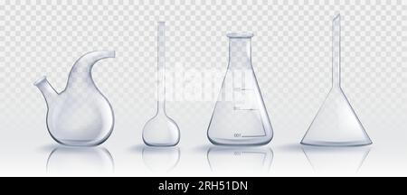 Realistic laboratory glassware set isolated on transparent background. Vector illustration of lab retort, volumetric, conical flasks, graduated containers for scientific experiment, chemical substance Stock Vector