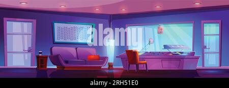 Music and sound record studio booth vector cartoon interior illustration. Microphone and synthesizer professional equipment in room with door and glass window near workstation. Radio mixing computer Stock Vector