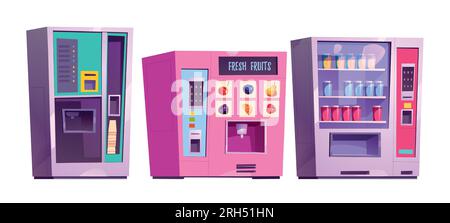 Cartoon vending machine vector icon illustration. Beverage, soda and coffee drink selling automatic equipment isolated on white background. Fresh fruit juice with berry in cup game object clipart Stock Vector