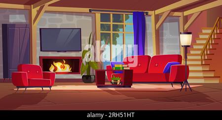 Cozy living room with fireplace in chalet with mountain view in window. Vector cartoon illustration of house interior with armchair and sofa, books on table, tv on wall, floor lamp, wardrobe, stairs Stock Vector
