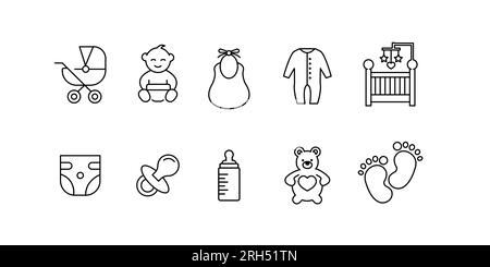 Baby objects icon set. Newborn icons. set of 10 editable outline newborn icons Stock Vector