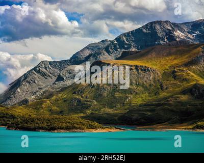 View of the alpine lake Mont Cenis and mountains in France. Stock Photo