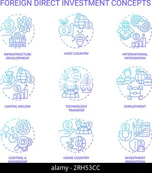 Linear icons for foreign direct investment concepts Stock Vector
