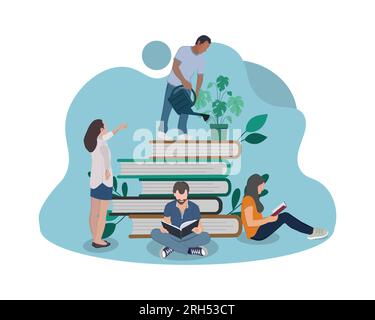 People celebrate international literacy day and happy student day by reading books. Flat vector illustration design Stock Vector