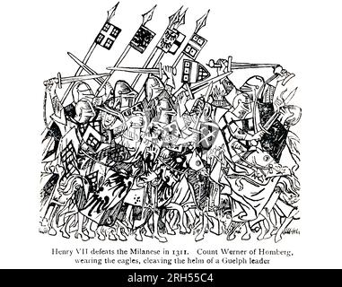 Henry VII defeats the Milanese in 1311. Count Werner of Homberg, wearing the eagles, cleaving the helm of a Guelph leader From the book ' Germany ' John Finnemore (1863–1915) was a British school teacher and writer of fictional novels and history and geography texts of countries - most are for younger readers. Finnemore contributed stories to popular boys' magazines of his time such as The Boy's Own Paper and Boys' Realm but he is best remembered for his books about Teddy Lester and his friends at Slapton, a fictitious English public school. The stories have a strong sporting focus, with Leste Stock Photo