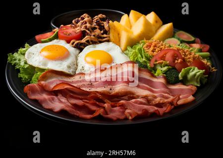 A delicious spread of classic American breakfast dishes, featuring eggs, bacon and other various foods. Stock Photo