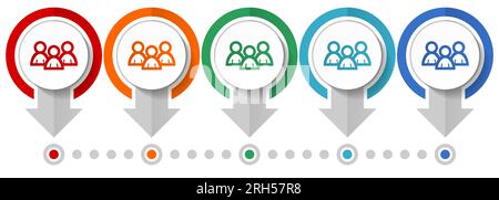 People, group vector icon set, flat design infographic template, set pointer concept icons in 5 color options for webdesign and mobile applications Stock Vector