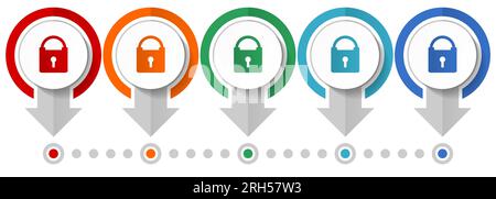 Padlock, security vector icon set, flat design infographic template, set pointer concept icons in 5 color options for webdesign and mobile application Stock Vector