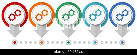 Gears, cogwheel vector icon set, flat design infographic template, set pointer concept icons in 5 color options for webdesign and mobile applications Stock Vector