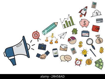Megaphone with Business doodles hand drawn icons. Vector illustration Stock Vector
