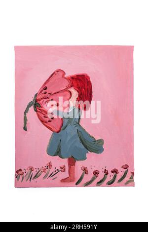 Little girl in dress in blooming field of flowers oil painting on canvas Stock Photo