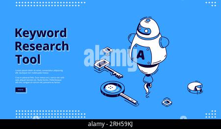 Keyword research tool banner with isometric icons on blue background. Vector landing page of SEO optimization service with line art robot, chatbot with artificial intelligence Stock Vector