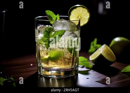 A detailed mojito glass filled with refreshing ingredients, contrasted against a pure black background. Stock Photo