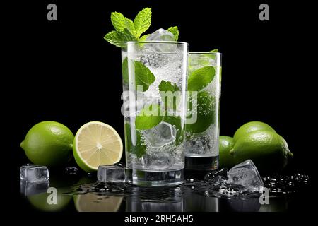 A detailed mojito glass filled with refreshing ingredients, contrasted against a pure black background. Stock Photo