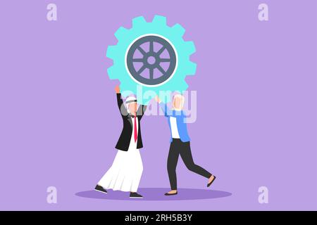 Cartoon flat style drawing collaboration project. Arabian man and woman lifting gears. People working with cogs. Professional teamwork process coopera Stock Photo