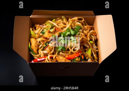 Overhead shot of a packed Asian cuisine box, perfectly arranged for delivery. Stock Photo