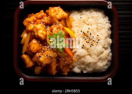 Overhead shot of a packed Asian cuisine box, perfectly arranged for delivery. Stock Photo