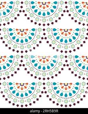 Mexican folk art style vector seamless pattern with half mandalas, flowers and geometric shapes Stock Vector