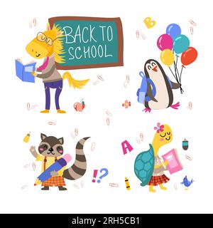 Back to school animals flat. Set of school animals. Cute cartoon pupil characters writing, studying and reading books. Stock Vector