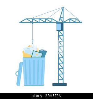 Delete files to trash bin with smart software vector illustration. Cartoon isolated construction crane putting emails and folders, photos and pictures in waste basket to remove and clean memory Stock Vector