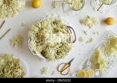 Fresh elderberry flowers in a basket on whtie background, with lemonade and golden metal drinking straws Stock Photo