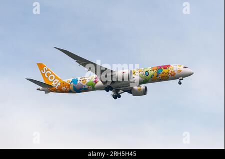 15.07.2023, Singapore, Republic of Singapore, Asia - Scoot Airlines Boeing 787-9 Dreamliner passenger jet in Pokemon special colours (Pikachu Jet). Stock Photo