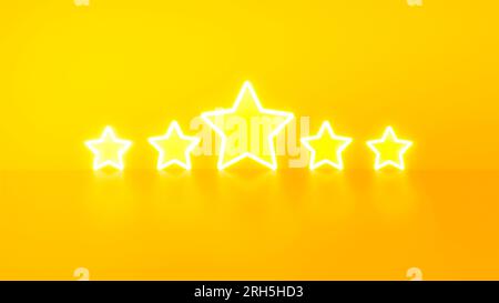 Neon light style 5 stars user rating for feedback or survey on yellow background. service feedback concept. Stock Photo