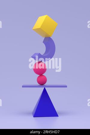 Balance of various geometric figures on an inclined pyramid. 3D rendering. Stock Photo