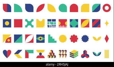 Set of simple geometric shapes in style of Swiss minimalism, Bauhaus, Brutalism. Abstract design elements. Color Vector decorative elements isolated o Stock Vector