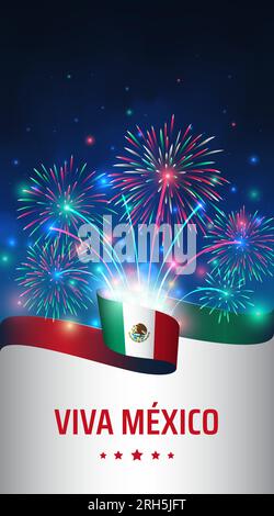 September 16, mexico independence day. Mexican flag and colorful fireworks on blue night sky background. National holiday september 16th. Independence Stock Vector