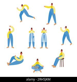 Woman poses set. 9 different standing, sitting and walking female illustrations. Running, sitting, waving hand, pointing, hands crossed, disagree gest Stock Vector