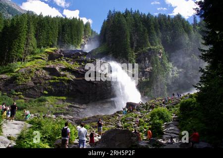 Krimml Waterfalls, Austria, Waterfall with trees overhead. Stock Photo
