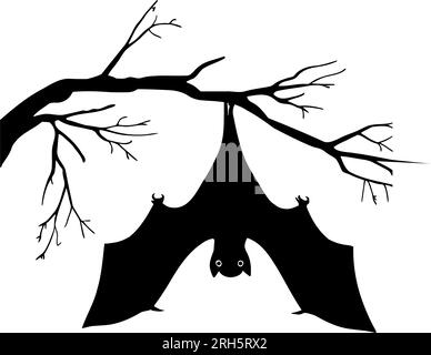 Halloween bat hanging on a branch silhouette. Vector illustration Stock Vector