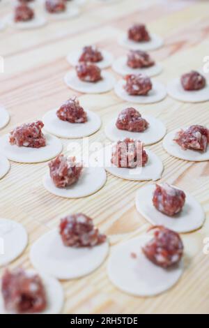 Pieces of minced meat on dumplings dough, close-up Stock Photo