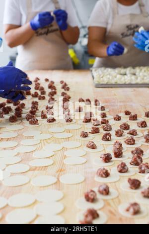 Several female chefs preparing dumplings in the kitchen Stock Photo