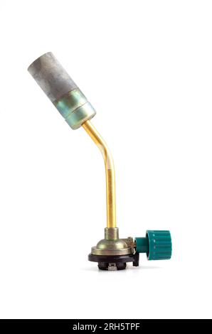 Manual gas torch burner for gas bottle, flame gun blow torch for camping, isolated on white background with clipping path included. Stock Photo