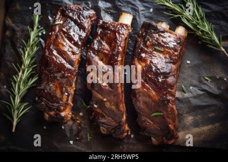 Perfectly grilled pork ribs drizzled with sauce, presented in a rustic food composition. Stock Photo